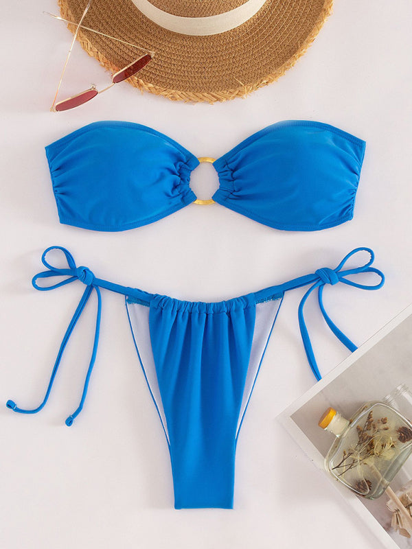 Swimsuits- 2-Piece Bikini Swimwear with Wireless Bandeau Bra and Tie-Side Thong- - Pekosa Women Clothing