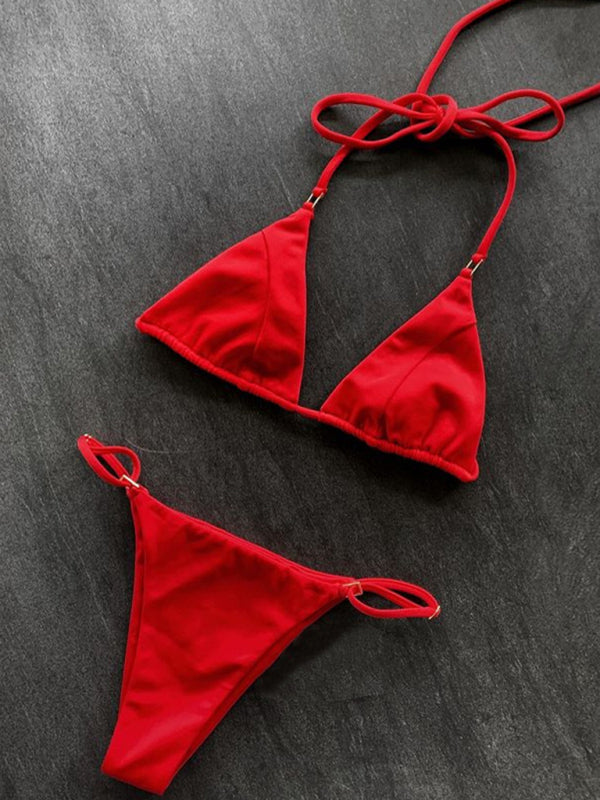 Swimsuits- Solid Color 2 Piece Swimsuit with Wireless Bra- Red- Chuzko Women Clothing