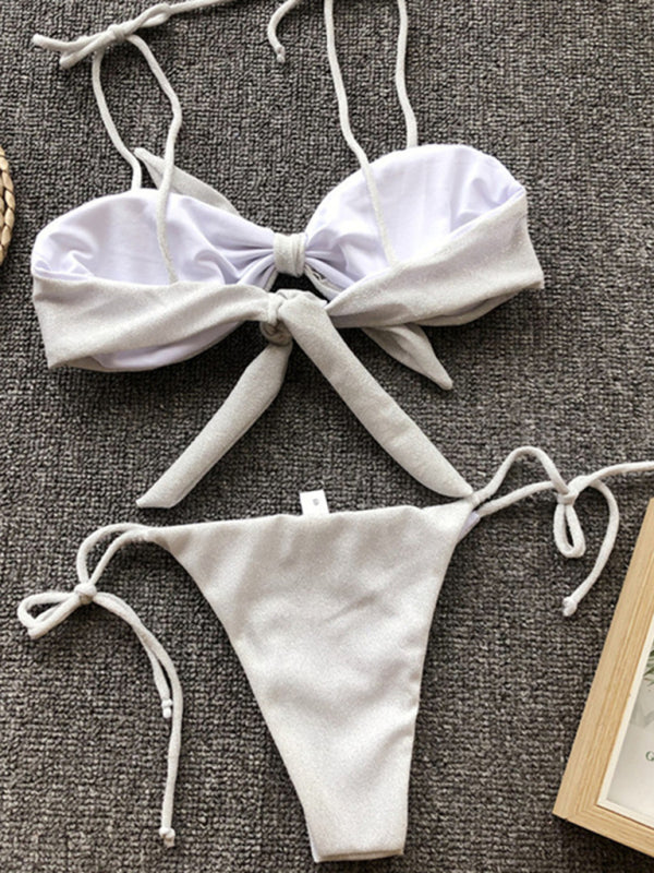 Swimwear- 2 Piece Bikini Set with Glittery Fabric and Sacred Bow Detail!- - Pekosa Women Clothing