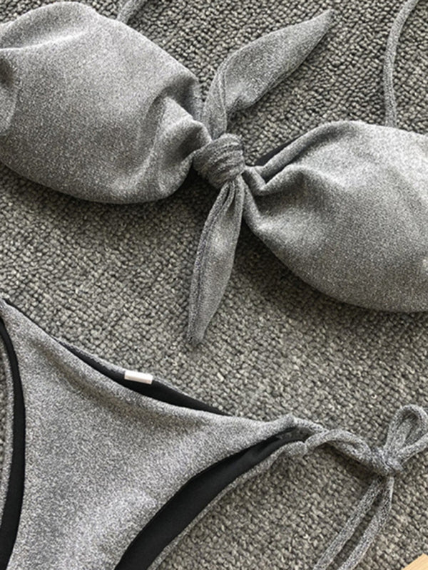 Swimwear- 2 Piece Bikini Set with Glittery Fabric and Sacred Bow Detail!- - Pekosa Women Clothing