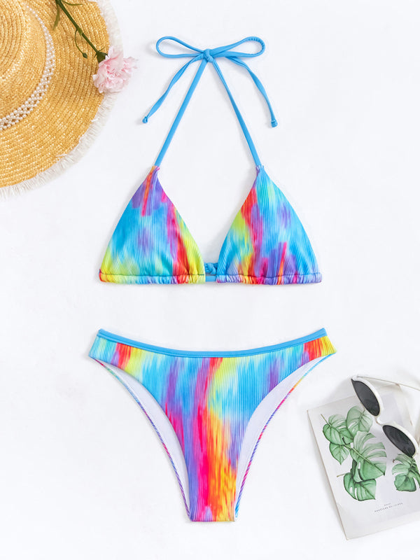 Swimwear- 2 Piece Gradient Rainbow Swimwear - Wireless Halter Bra & Bikini Bottoms- - Pekosa Women Clothing