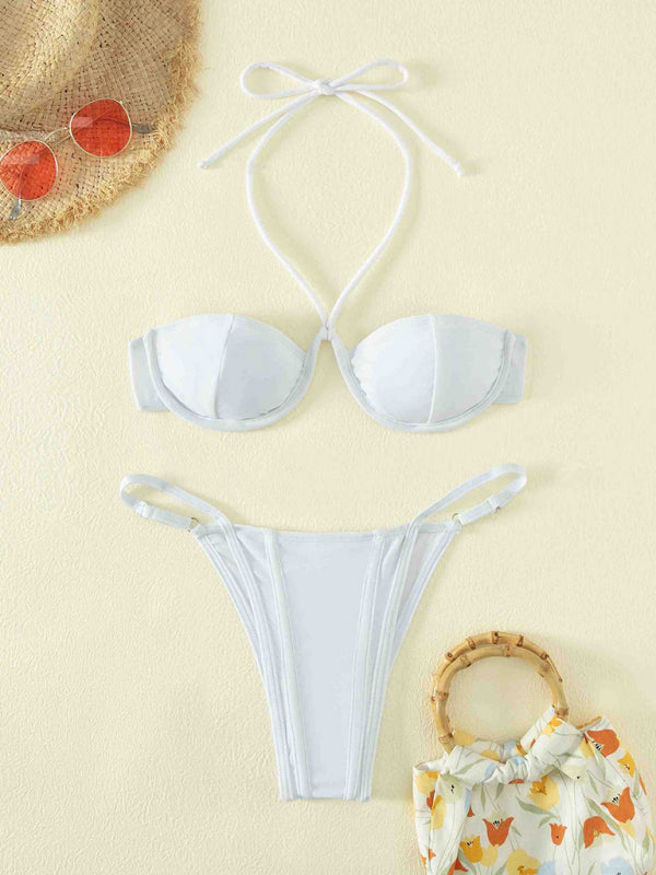 Swimwear- Adjustable 2 Piece Swimwear | Bandeau Halter Bra & High Cut Ruched Bikini- - Pekosa Women Clothing