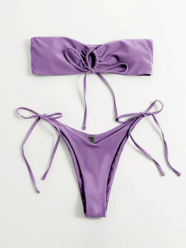 Swimwear- Bandeau Wireless Bra & Tie-Side String Thong 2-Piece Bikini Set- Purple- Pekosa Women Clothing