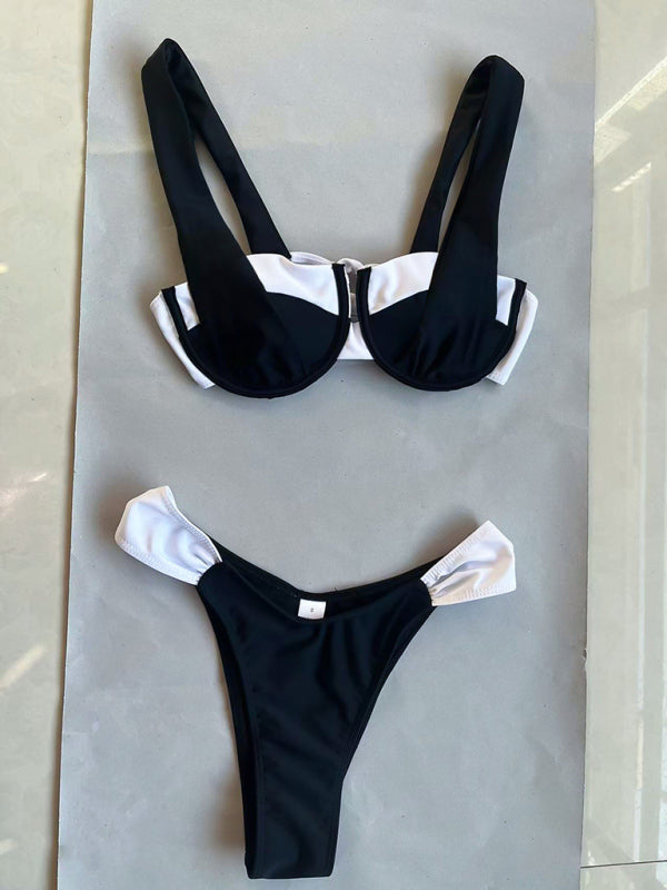 Swimwear- Black and White 2 Piece Swimwear - Underwire Bra & Cheeky Bikini- - Pekosa Women Clothing
