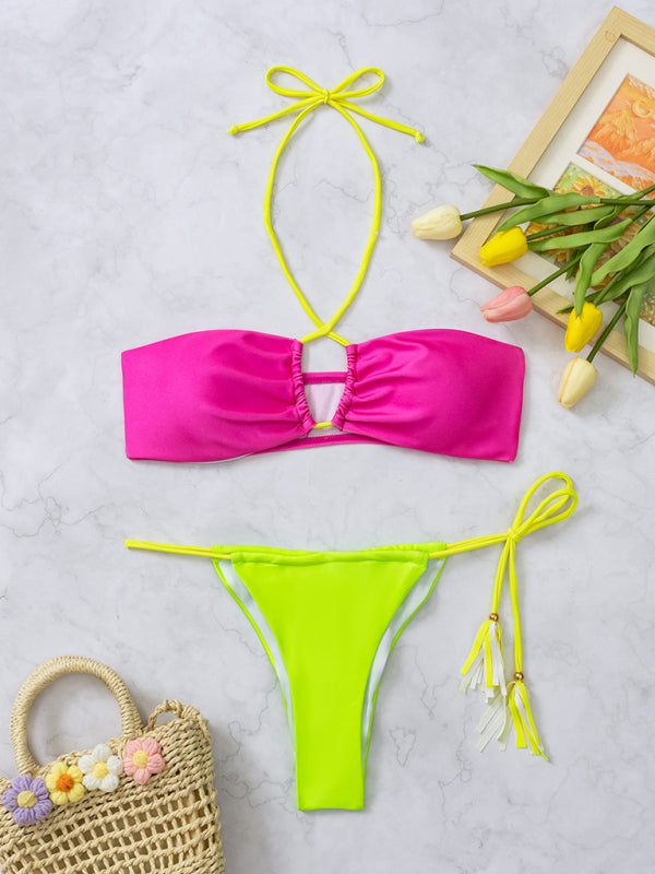 Swimwear- Color Block 2-Piece String Bikini Swimsuit - Bra and Ruched Back Bottoms- - Pekosa Women Clothing
