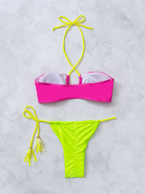 Swimwear- Color Block 2-Piece String Bikini Swimsuit - Bra and Ruched Back Bottoms- - Pekosa Women Clothing