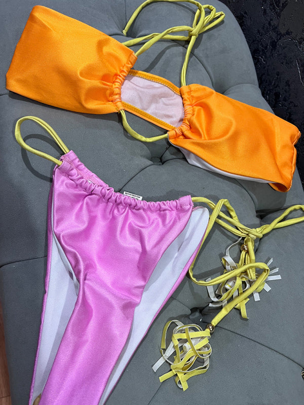 Swimwear- Color Block 2-Piece String Bikini Swimsuit - Bra and Ruched Back Bottoms- - Pekosa Women Clothing