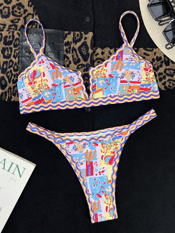 Swimwear- Colorful Print String Bikini Swimwear - 2 Piece High-Cut Thong & Bra- - Pekosa Women Clothing