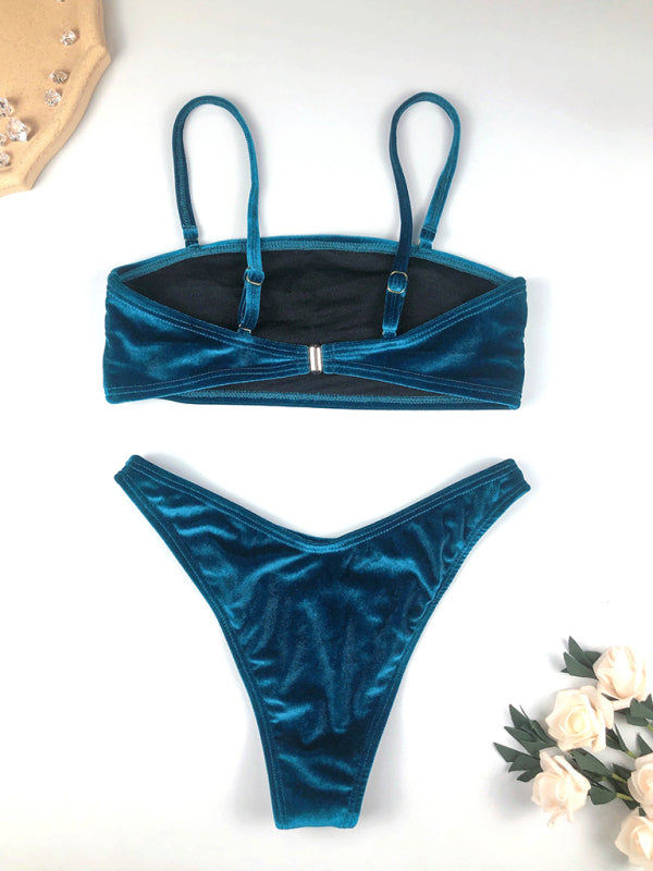 Swimwear- Elegant Velvet Bandeau Bikini 2-Piece with Thong Swim Bottoms- - Pekosa Women Clothing