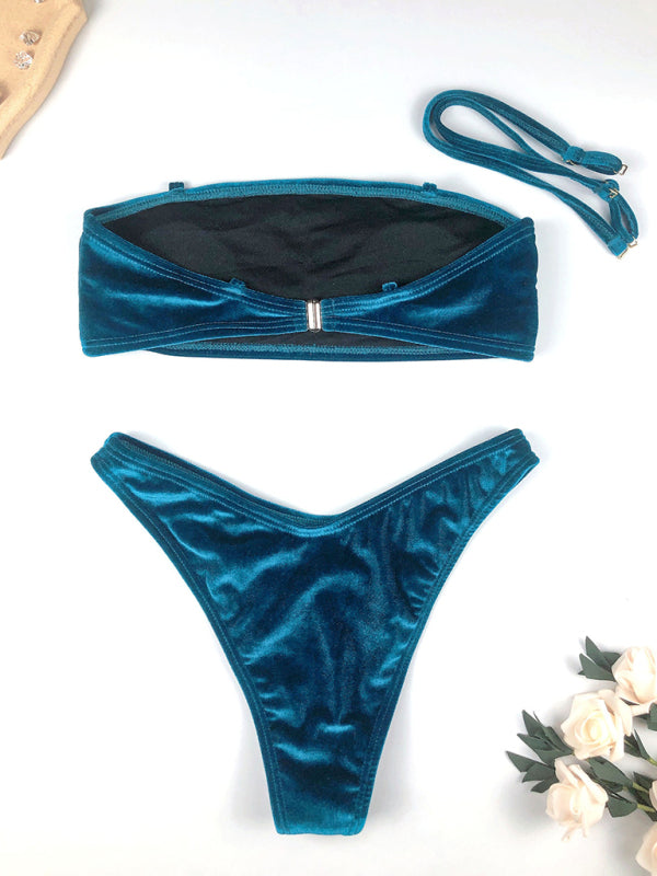 Swimwear- Elegant Velvet Bandeau Bikini 2-Piece with Thong Swim Bottoms- - Pekosa Women Clothing