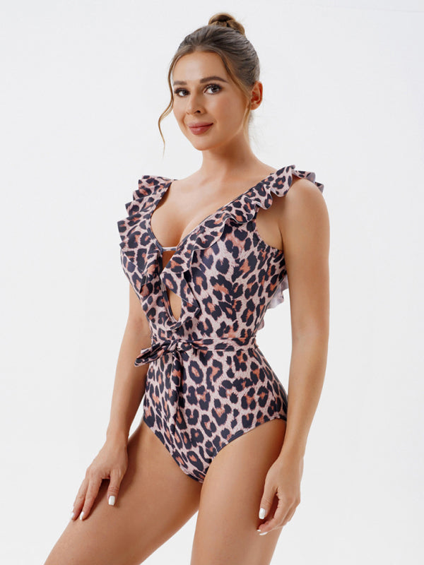 Swimwear- Floral One-Piece Cutout Backless Swimwear with Ruffle Accents- - Pekosa Women Clothing