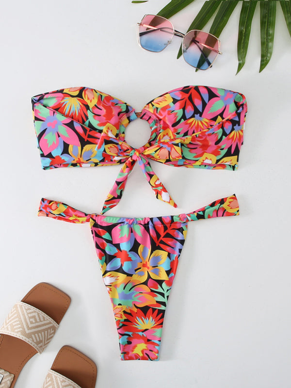 Swimwear- Florals Wireless Bandeau in Cheeky 2 Piece Bikini Swimwear- - Pekosa Women Clothing