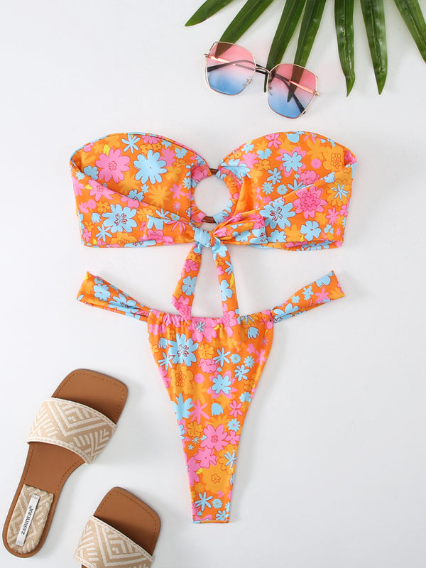 Swimwear- Florals Wireless Bandeau in Cheeky 2 Piece Bikini Swimwear- - Pekosa Women Clothing