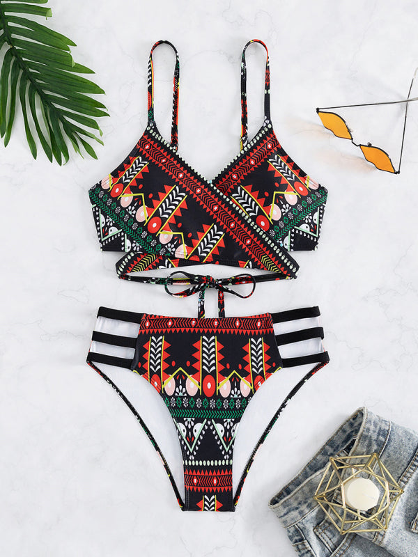 Swimwear- Geo Print Wrap Triangle Bra & Bottoms | 2-Piece Bikini for Beach Adventures- - Pekosa Women Clothing