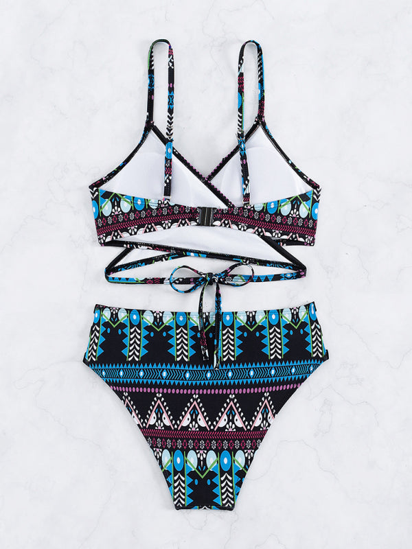Swimwear- Geo Print Wrap Triangle Bra & Bottoms | 2-Piece Bikini for Beach Adventures- - Pekosa Women Clothing