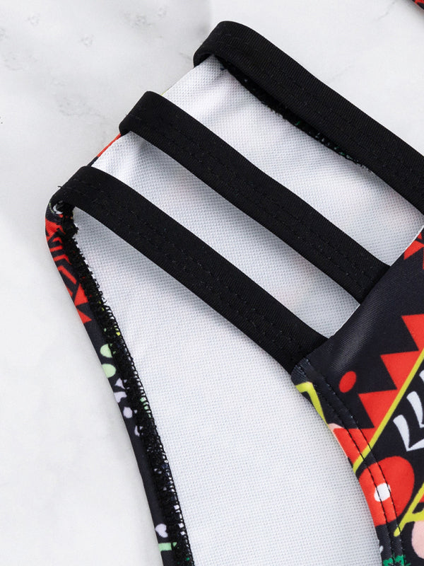 Swimwear- Geo Print Wrap Triangle Bra & Bottoms | 2-Piece Bikini for Beach Adventures- - Pekosa Women Clothing