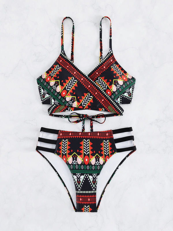 Swimwear- Geo Print Wrap Triangle Bra & Bottoms | 2-Piece Bikini for Beach Adventures- - Pekosa Women Clothing