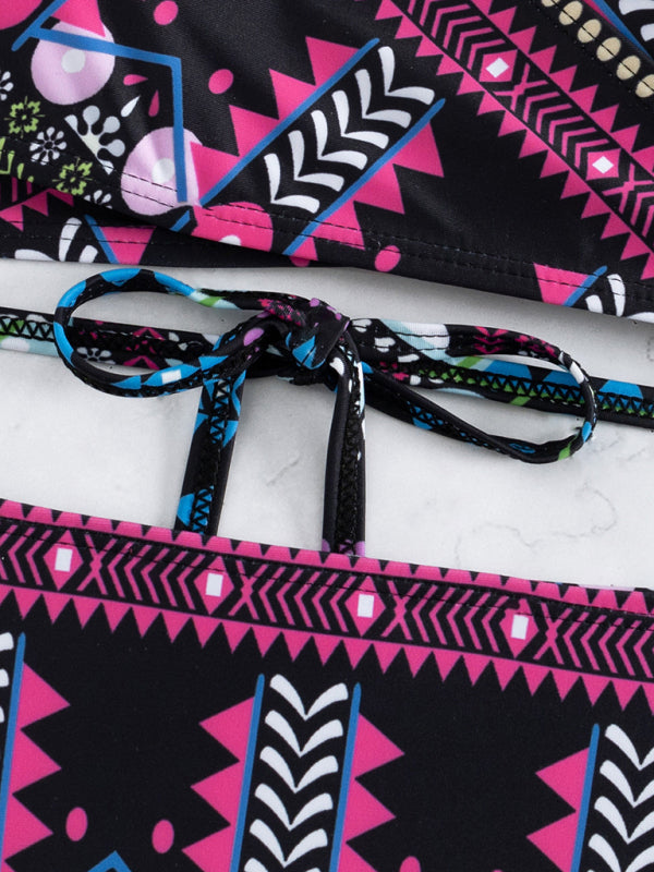 Swimwear- Geo Print Wrap Triangle Bra & Bottoms | 2-Piece Bikini for Beach Adventures- - Pekosa Women Clothing