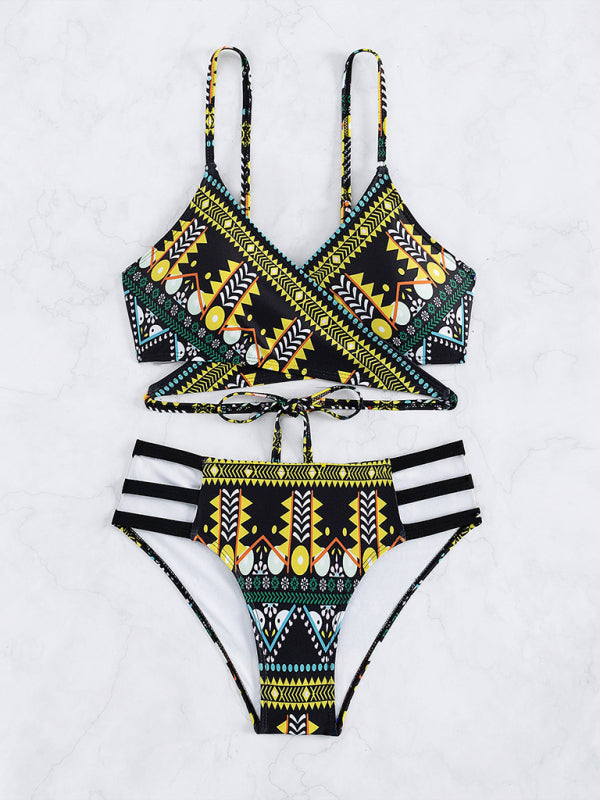 Swimwear- Geo Print Wrap Triangle Bra & Bottoms | 2-Piece Bikini for Beach Adventures- - Pekosa Women Clothing