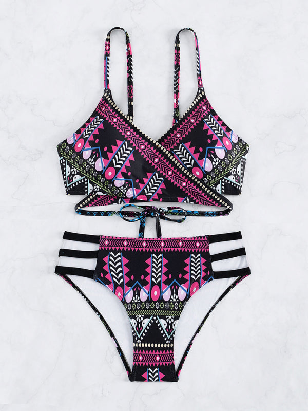 Swimwear- Geo Print Wrap Triangle Bra & Bottoms | 2-Piece Bikini for Beach Adventures- - Pekosa Women Clothing
