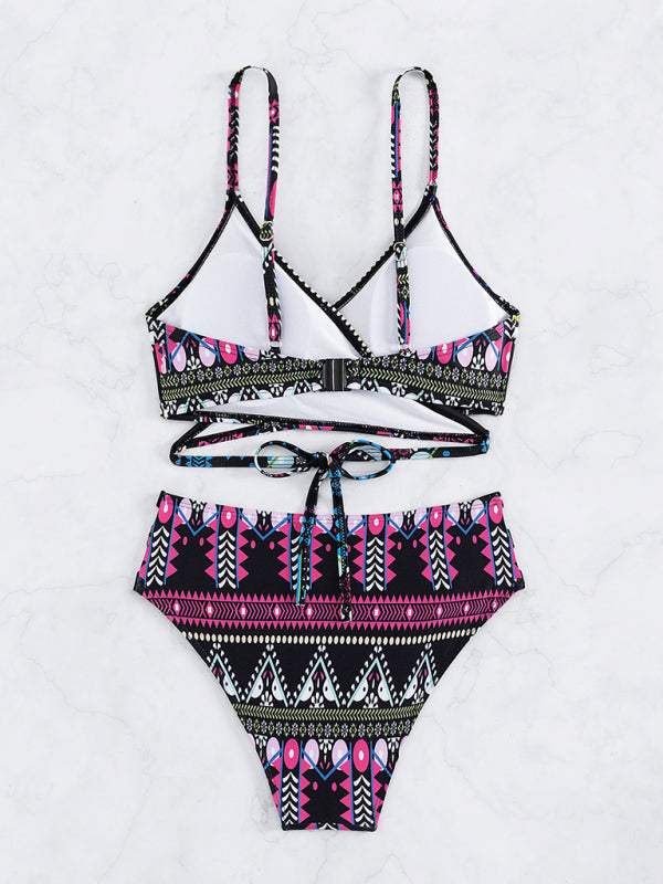 Swimwear- Geo Print Wrap Triangle Bra & Bottoms | 2-Piece Bikini for Beach Adventures- - Pekosa Women Clothing