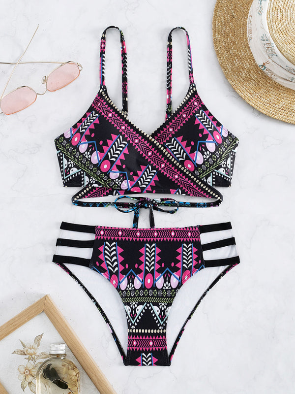 Swimwear- Geo Print Wrap Triangle Bra & Bottoms | 2-Piece Bikini for Beach Adventures- - Pekosa Women Clothing