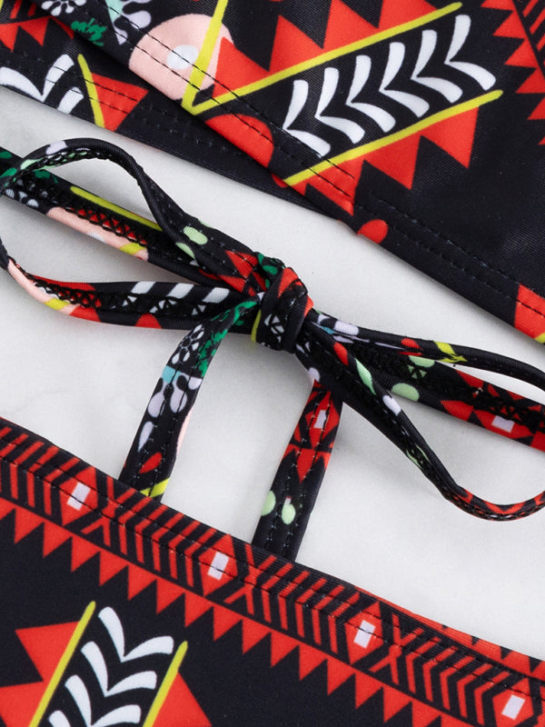 Swimwear- Geo Print Wrap Triangle Bra & Bottoms | 2-Piece Bikini for Beach Adventures- - Pekosa Women Clothing