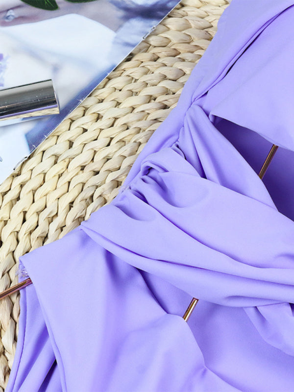 Swimwear- Solid One-Shoulder Sporty One-Piece Cutout Swimwear- - Pekosa Women Clothing