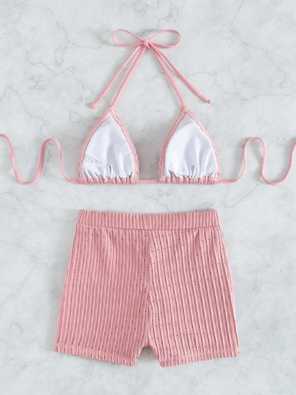 Swimwear- Textured Wireless Halter Bra & Shorts Set for Active Beach Days- - Pekosa Women Clothing