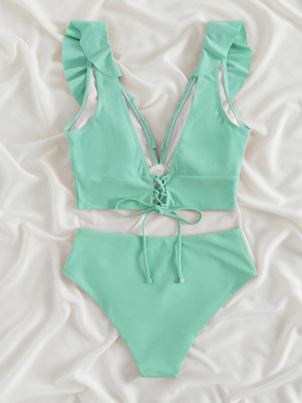 Swimwear- Tropical Wireless Ruffle Top and High Waist Tummy Control Bottoms in a Solid 2-Piece Swimwear- - Pekosa Women Clothing
