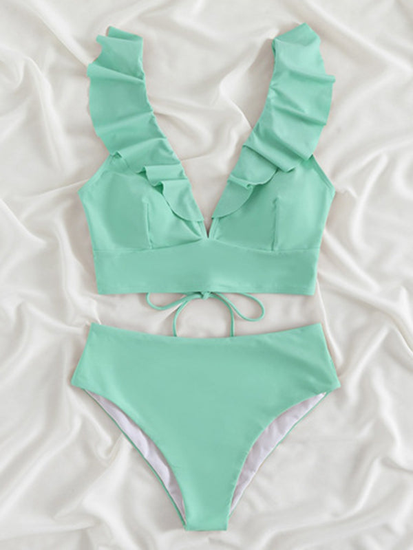 Swimwear- Tropical Wireless Ruffle Top and High Waist Tummy Control Bottoms in a Solid 2-Piece Swimwear- - Pekosa Women Clothing