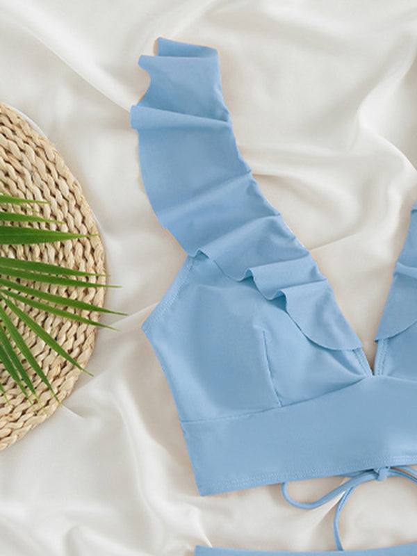 Swimwear- Tropical Wireless Ruffle Top and High Waist Tummy Control Bottoms in a Solid 2-Piece Swimwear- - Pekosa Women Clothing