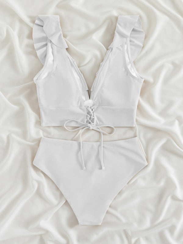 Swimwear- Tropical Wireless Ruffle Top and High Waist Tummy Control Bottoms in a Solid 2-Piece Swimwear- - Pekosa Women Clothing