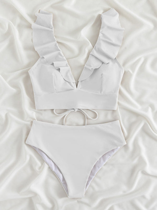 Swimwear- Tropical Wireless Ruffle Top and High Waist Tummy Control Bottoms in a Solid 2-Piece Swimwear- - Pekosa Women Clothing