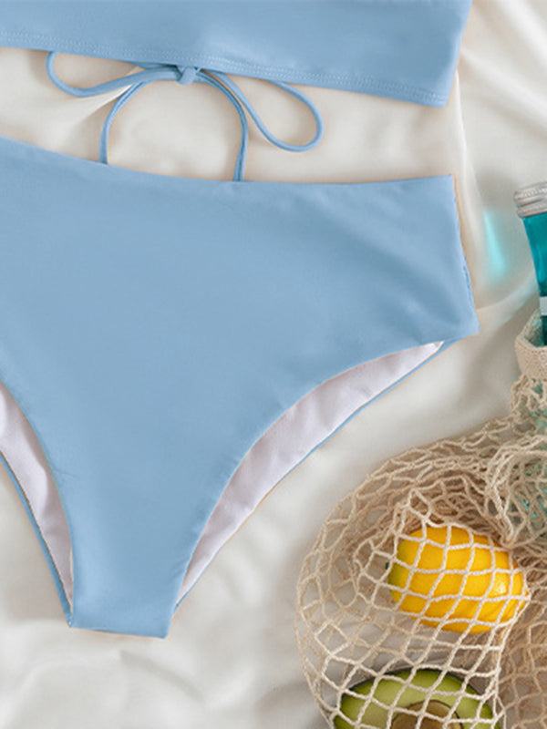 Swimwear- Tropical Wireless Ruffle Top and High Waist Tummy Control Bottoms in a Solid 2-Piece Swimwear- - Pekosa Women Clothing