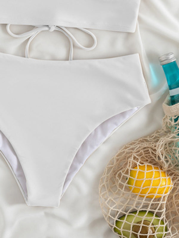 Swimwear- Tropical Wireless Ruffle Top and High Waist Tummy Control Bottoms in a Solid 2-Piece Swimwear- - Pekosa Women Clothing