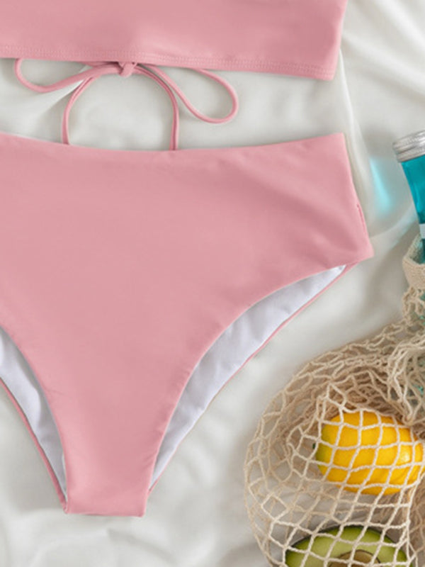 Swimwear- Tropical Wireless Ruffle Top and High Waist Tummy Control Bottoms in a Solid 2-Piece Swimwear- - Pekosa Women Clothing