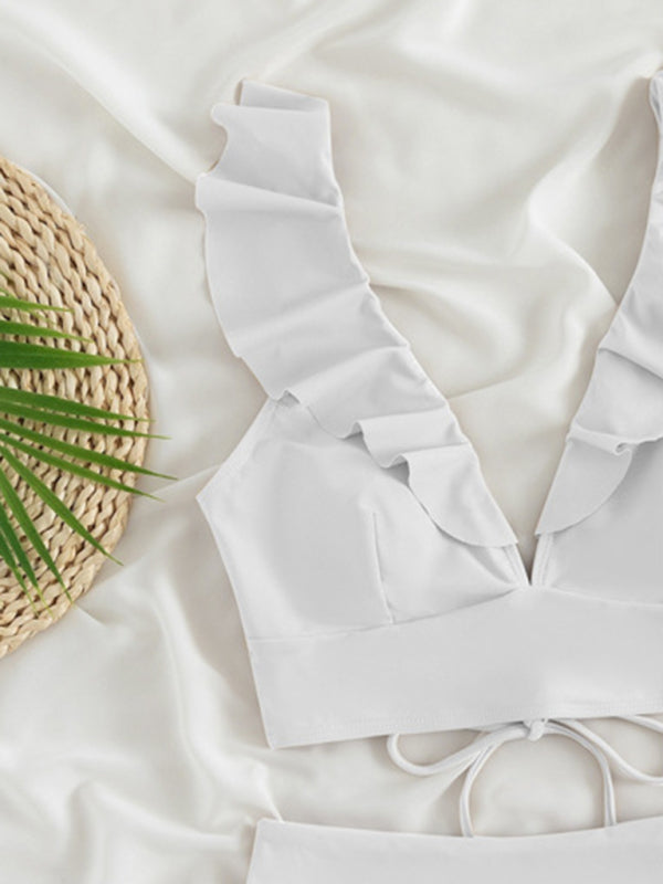 Swimwear- Tropical Wireless Ruffle Top and High Waist Tummy Control Bottoms in a Solid 2-Piece Swimwear- - Pekosa Women Clothing