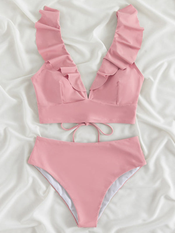 Swimwear- Tropical Wireless Ruffle Top and High Waist Tummy Control Bottoms in a Solid 2-Piece Swimwear- - Pekosa Women Clothing