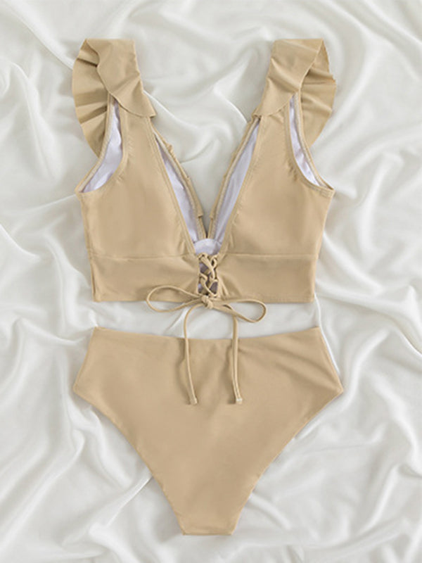 Swimwear- Tropical Wireless Ruffle Top and High Waist Tummy Control Bottoms in a Solid 2-Piece Swimwear- - Pekosa Women Clothing