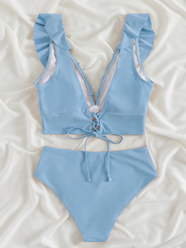 Swimwear- Tropical Wireless Ruffle Top and High Waist Tummy Control Bottoms in a Solid 2-Piece Swimwear- - Pekosa Women Clothing