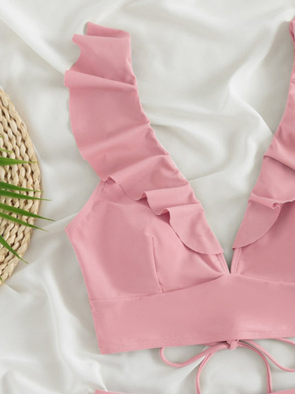 Swimwear- Tropical Wireless Ruffle Top and High Waist Tummy Control Bottoms in a Solid 2-Piece Swimwear- - Pekosa Women Clothing