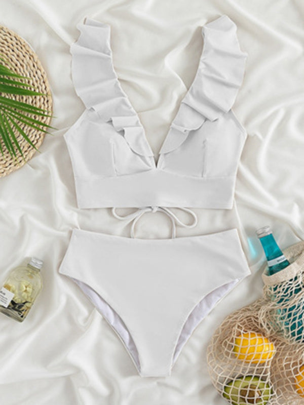 Swimwear- Tropical Wireless Ruffle Top and High Waist Tummy Control Bottoms in a Solid 2-Piece Swimwear- - Pekosa Women Clothing