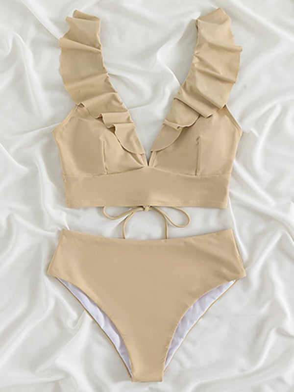 Swimwear- Tropical Wireless Ruffle Top and High Waist Tummy Control Bottoms in a Solid 2-Piece Swimwear- - Pekosa Women Clothing