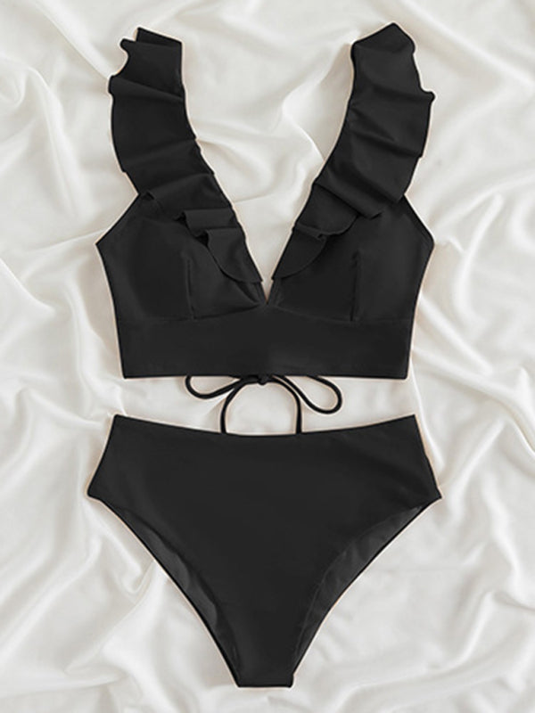 Swimwear- Tropical Wireless Ruffle Top and High Waist Tummy Control Bottoms in a Solid 2-Piece Swimwear- - Pekosa Women Clothing