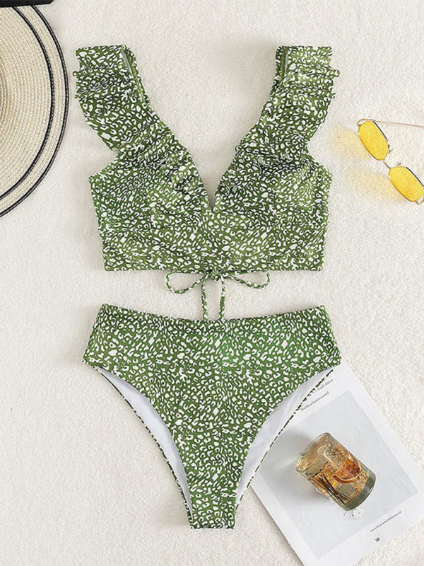 Swimwear- Tropical Wireless Ruffle Top and High Waist Tummy Control Bottoms in a Solid 2-Piece Swimwear- Green- Pekosa Women Clothing