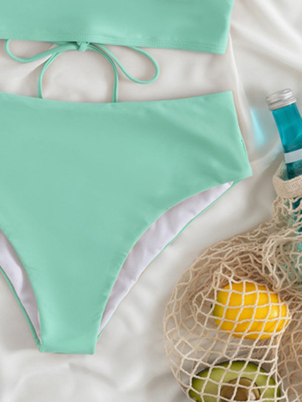 Swimwear- Tropical Wireless Ruffle Top and High Waist Tummy Control Bottoms in a Solid 2-Piece Swimwear- - Pekosa Women Clothing