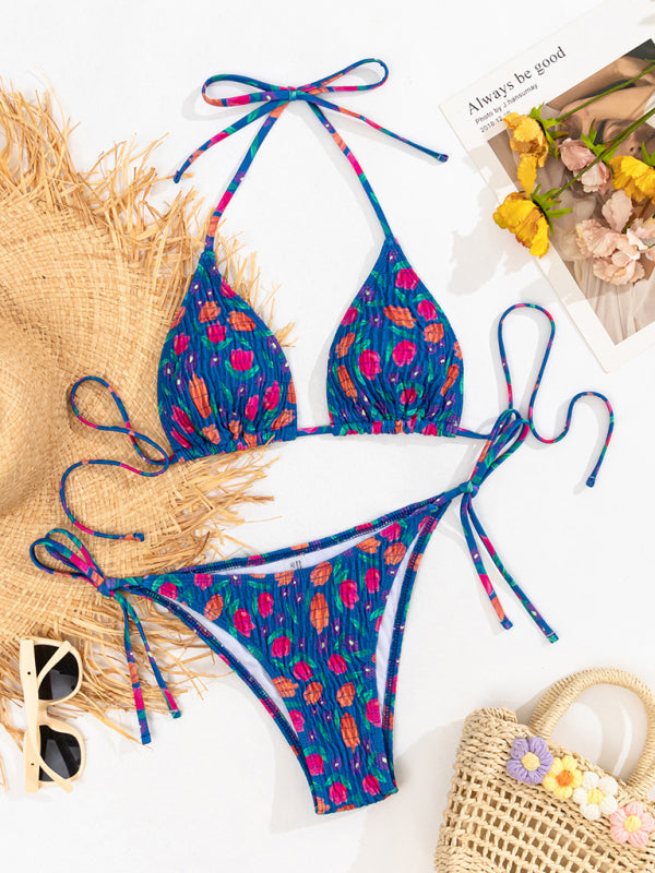 Swimwear- Wireless Triangle Padded Bra with Tie-Side Bikini | 2 Piece Floral Swimwear- - Pekosa Women Clothing
