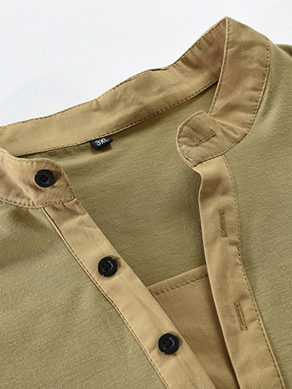 T-Shirts- Cotton Blend Men's Henley Neck Long Sleeve Tee with Buttons- - Pekosa Women Clothing