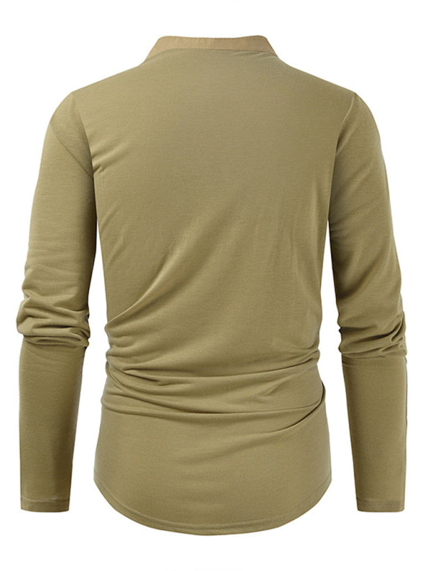 T-Shirts- Cotton Blend Men's Henley Neck Long Sleeve Tee with Buttons- - Pekosa Women Clothing